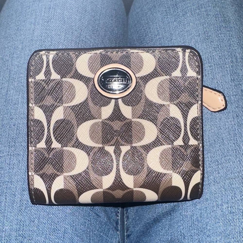 Coach Brown and Tan leather monogram compact snap Wallet